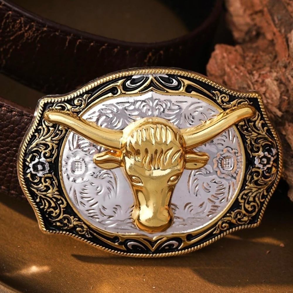 Vintage style Gold and Silver Bull Belt Buckle